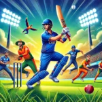 CSG vs SVDJ Dream11 match prediction: Players in action during a T20 match at a vibrant cricket stadium with floodlights, green pitch, and an enthusiastic crowd.