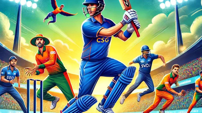 CSG vs SVDJ Dream11 match prediction: Players in action during a T20 match at a vibrant cricket stadium with floodlights, green pitch, and an enthusiastic crowd.