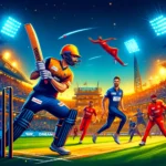 NW vs BLB Dream11 prediction: Vibrant cricket stadium with floodlights shining brightly, featuring key players from Nutmeg Warriors (NW) and Bay Leaf Blasters (BLB) in action. An NW batsman is batting aggressively while a BLB bowler delivers a ball. The background shows an enthusiastic crowd cheering with team banners and a lively atmosphere. A subtle Dream11 logo is visible in the corner.