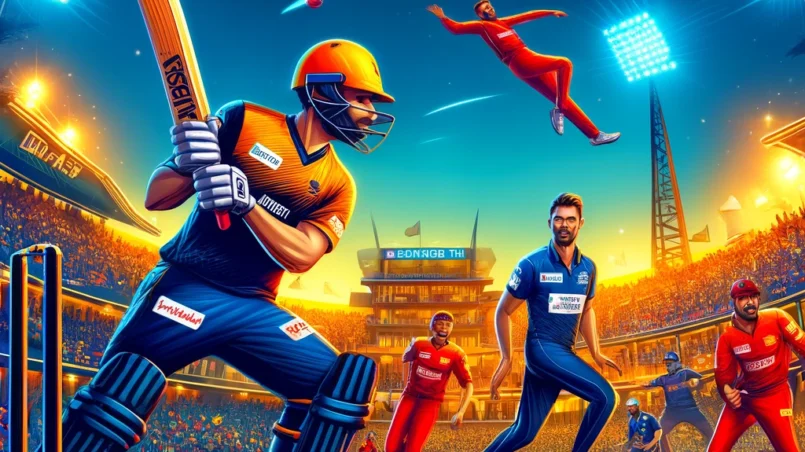 NW vs BLB Dream11 prediction: Vibrant cricket stadium with floodlights shining brightly, featuring key players from Nutmeg Warriors (NW) and Bay Leaf Blasters (BLB) in action. An NW batsman is batting aggressively while a BLB bowler delivers a ball. The background shows an enthusiastic crowd cheering with team banners and a lively atmosphere. A subtle Dream11 logo is visible in the corner.