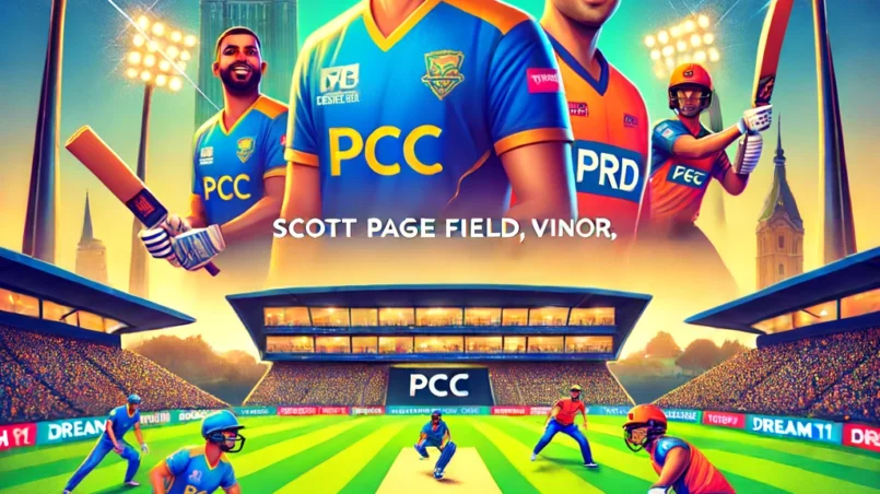 Exciting T20 cricket match at Scott Page Field, Vinor, Prague featuring key players from PCC and PRD in action poses, with vibrant floodlights and a cheering crowd. Dream11 logo in the background.