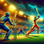 Players from Saffron Strikers and Nutmeg Warriors in action during a high-energy cricket match at a well-lit stadium, with Dream11 branding subtly included.