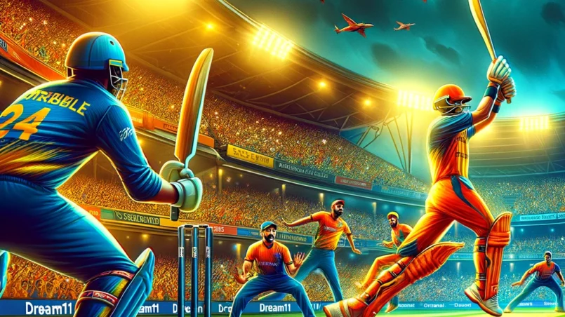 Players from Saffron Strikers and Nutmeg Warriors in action during a high-energy cricket match at a well-lit stadium, with Dream11 branding subtly included.