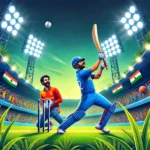 UCC vs SPT Dream11 prediction: Cricket stadium with bright floodlights, featuring key players R Magare batting and K Balakrishnan celebrating a wicket, with an enthusiastic crowd and banners in the background.