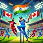 A vibrant cricket scene featuring key players from India and Canada in action at a stadium with bright floodlights, a green pitch, and an enthusiastic crowd. Players include Jasprit Bumrah, Virat Kohli, and Hardik Pandya from India, and K Sana and J Gordon from Canada.