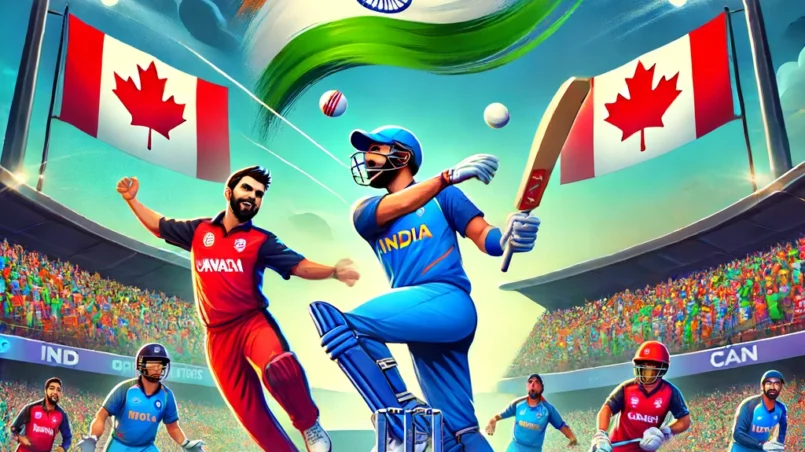 A vibrant cricket scene featuring key players from India and Canada in action at a stadium with bright floodlights, a green pitch, and an enthusiastic crowd. Players include Jasprit Bumrah, Virat Kohli, and Hardik Pandya from India, and K Sana and J Gordon from Canada.