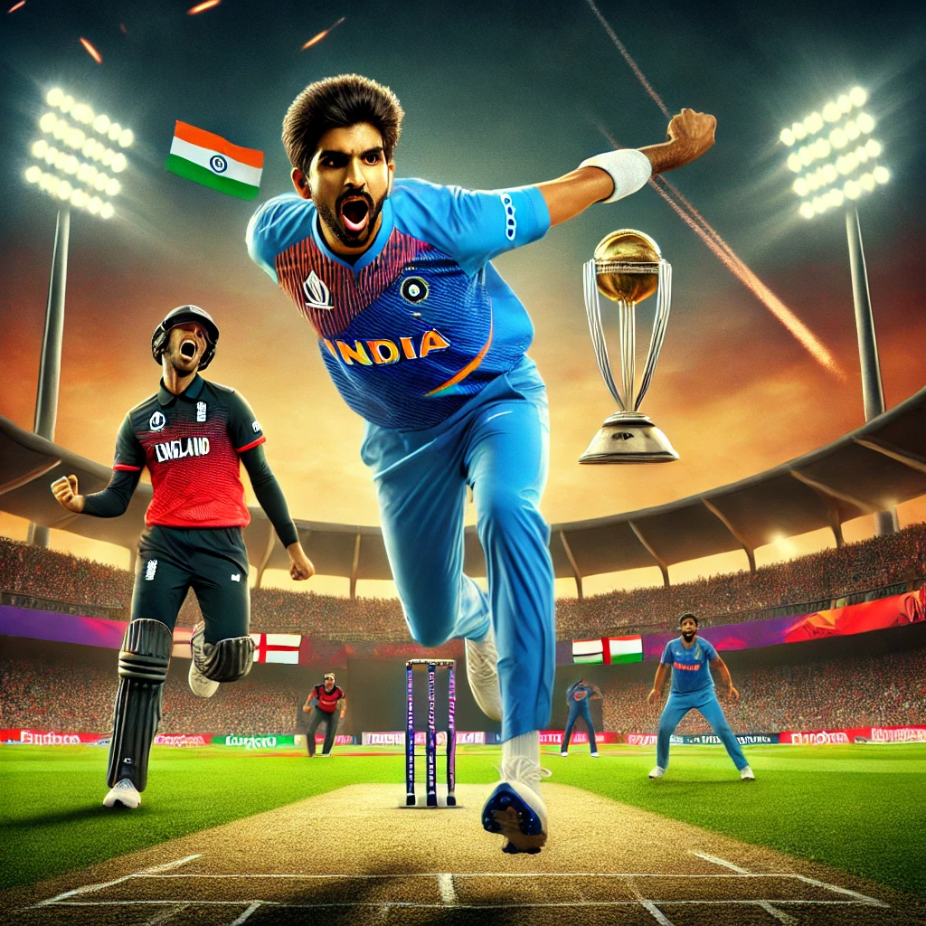 An action-packed image of bowlers from India and England in the IND vs ENG Dream11 Prediction T20 World Cup match. Indian bowler Jasprit Bumrah is in his bowling stride, and English bowler Jofra Archer is preparing to bowl. The background shows the stadium with cheering fans and a vibrant atmosphere. The image captures the intensity and focus of the bowlers as they deliver their deliveries.