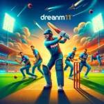 Cricket players from Dubai Dare Devils and Dolphin Rent a Car in action poses at ICC Academy, Dubai, with floodlights, a green pitch, and a crowd, featuring the Dream11 logo