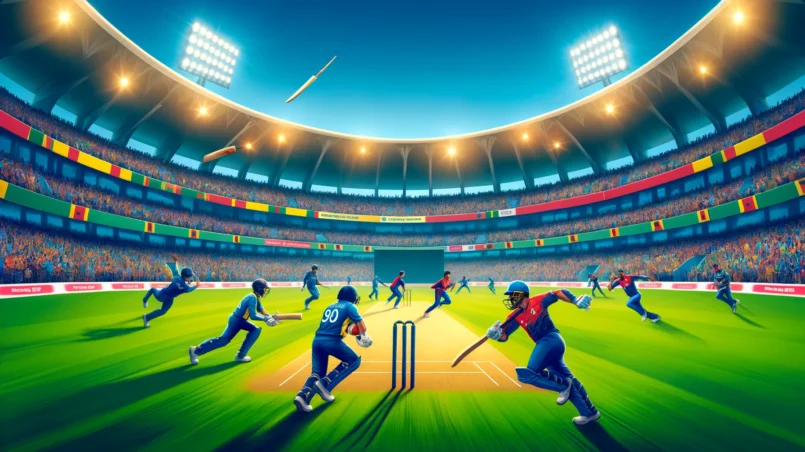 Cricket match between Sri Lanka and Nepal at a vibrant stadium with key players in action and Dream11 logo