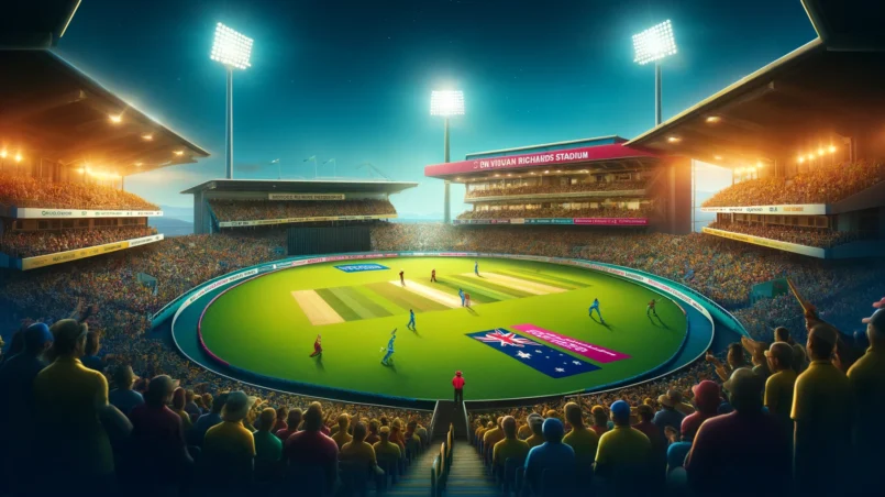 Australia vs Namibia T20 match at Sir Vivian Richards Stadium, with players in action, bright floodlights, and a vibrant green pitch, perfect for Dream11 match prediction and fantasy cricket tips