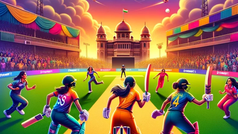 Cricket match scene at Jadavpur University Complex, Kolkata, featuring women's teams SSS-W and HD-W in action with Priya Singh and Anjali Sharma highlighted, under floodlights and a cheering crowd