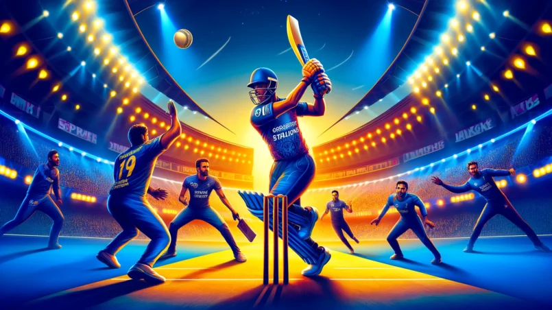 Dynamic cricket match scene featuring key players from Trident Stallions and JK Super Strikers in action at a brightly lit stadium, with enthusiastic fans and a subtle Dream11 logo