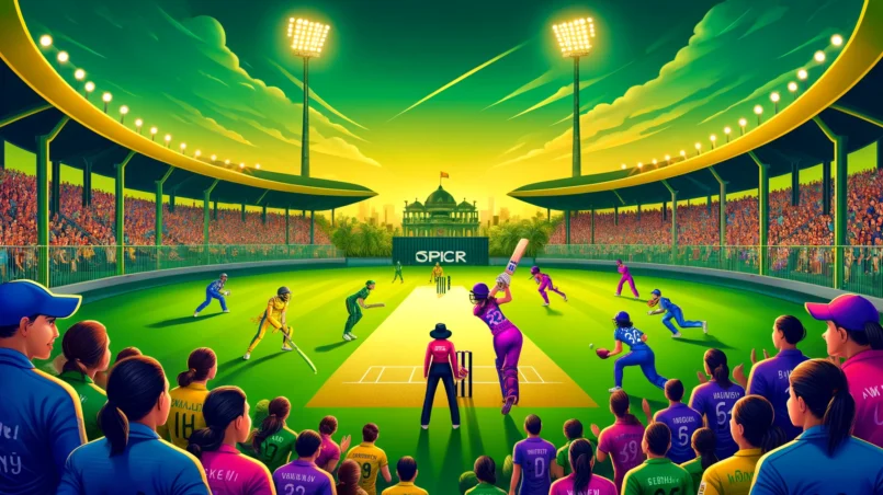 Vibrant cricket stadium scene featuring Shrachi Rarh Tigers Women and Murshidabad Kueens Women in action at Eden Gardens, Kolkata, during a T20 match with bright floodlights and an enthusiastic crowd for Dream11