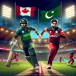 Babar Azam and Navneet Dhaliwal in action during the Pakistan vs. Canada T20 World Cup match at Nassau County International Cricket Stadium, with a Dream11 logo in the corner