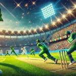 Vibrant cricket match scene featuring the national teams of Pak vs Ire dream11 prediction in action at a brightly lit stadium with an enthusiastic crowd.