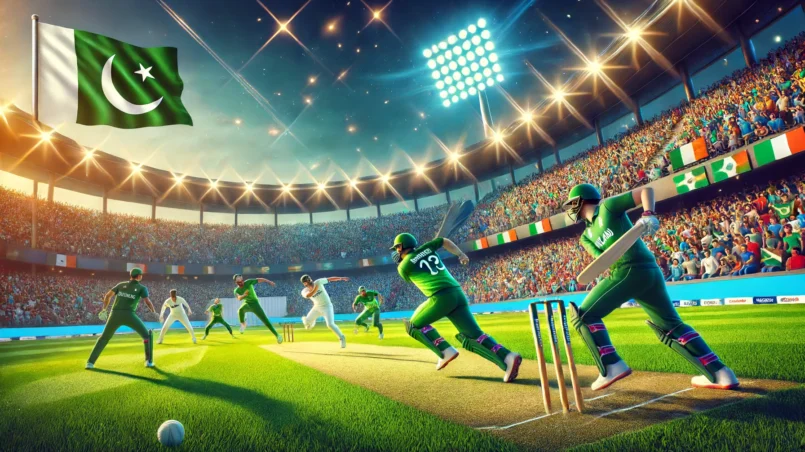 Vibrant cricket match scene featuring the national teams of Pak vs Ire dream11 prediction in action at a brightly lit stadium with an enthusiastic crowd.