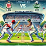 A colorful cricket match scene illustrating Lancashire (LAN) having a slight edge over Durham (DUR) at Riverside Ground with LAN players in white and red uniforms and DUR players in white and green uniforms, showcasing dynamic action and spectators in the background.