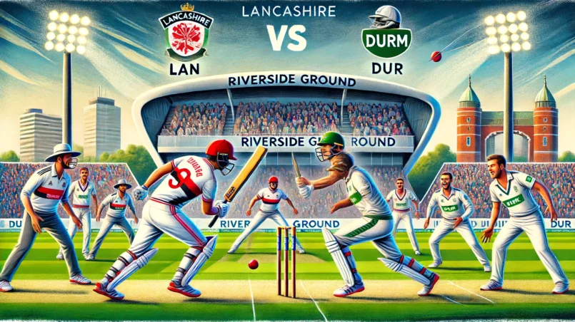 A colorful cricket match scene illustrating Lancashire (LAN) having a slight edge over Durham (DUR) at Riverside Ground with LAN players in white and red uniforms and DUR players in white and green uniforms, showcasing dynamic action and spectators in the background.