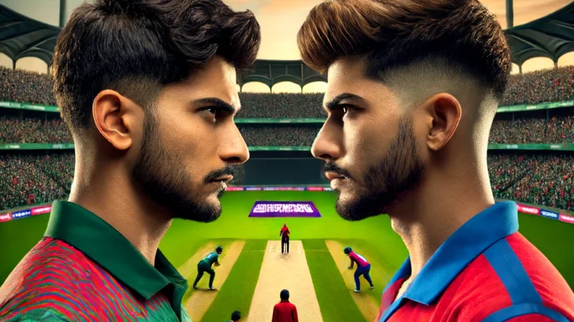 Shakib Al Hasan and Sandeep Lamichhane face-off ahead of the Bangladesh vs Nepal T20 match, representing their respective teams in a packed stadium under floodlights.