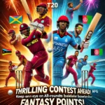 WI vs AFG Dream11 prediction promotional poster for the upcoming T20 match between West Indies (WI) and Afghanistan (AFG). Features key players in action poses, highlighting WI's consistent batting and AFG's strong bowling lineup. Includes text 'Thrilling Contest Ahead!' and 'Keep an Eye on All-Rounders and Bowlers for Fantasy Points!'