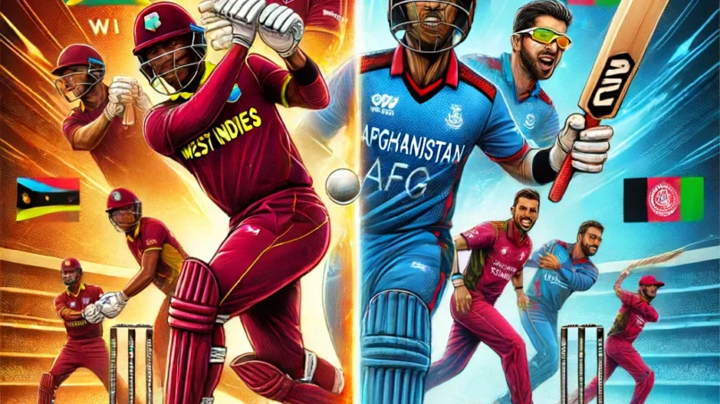 WI vs AFG Dream11 prediction promotional poster for the upcoming T20 match between West Indies (WI) and Afghanistan (AFG). Features key players in action poses, highlighting WI's consistent batting and AFG's strong bowling lineup. Includes text 'Thrilling Contest Ahead!' and 'Keep an Eye on All-Rounders and Bowlers for Fantasy Points!'