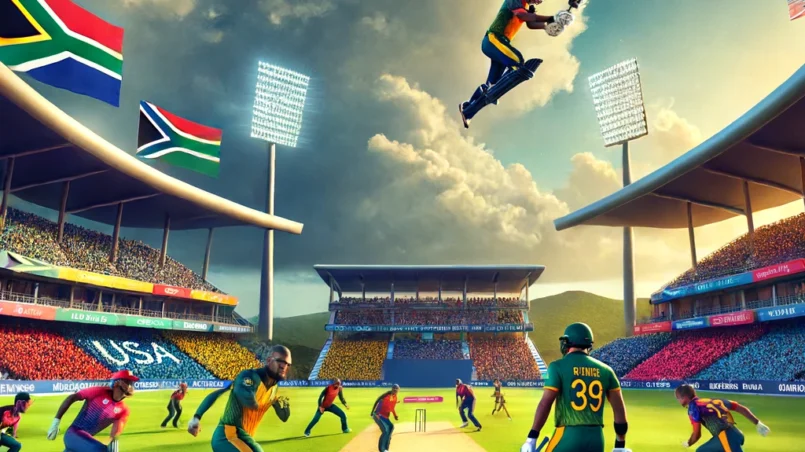 SA vs USA Dream11 prediction - Dynamic cricket match scene at Sir Vivian Richards Stadium during T10 Spice Isle Tournament