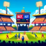 Image of a T20 cricket match between BLT and IST at the I.S. Bindra Punjab Cricket Association Stadium in Mohali. Players are in action, fans fill the stands, and the scoreboard displays team names under bright stadium lights on a sunny day with some clouds. This image relates to BLT vs IST Dream11 prediction.