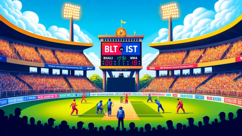 Image of a T20 cricket match between BLT and IST at the I.S. Bindra Punjab Cricket Association Stadium in Mohali. Players are in action, fans fill the stands, and the scoreboard displays team names under bright stadium lights on a sunny day with some clouds. This image relates to BLT vs IST Dream11 prediction.