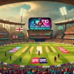 ENG vs WI Dream11 prediction - A vibrant and dynamic cricket stadium filled with enthusiastic fans, set for a T10 match between England and West Indies. Players warming up, lush green outfield, and electric atmosphere