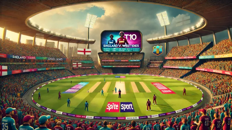 ENG vs WI Dream11 prediction - A vibrant and dynamic cricket stadium filled with enthusiastic fans, set for a T10 match between England and West Indies. Players warming up, lush green outfield, and electric atmosphere