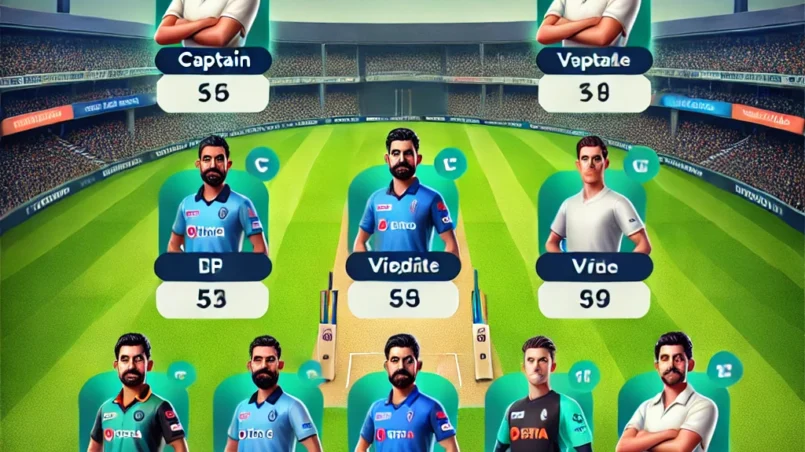 BWD vs SRE Dream11 Prediction for a cricket Dream11 fantasy team layout on a green field with player avatars, names, credits, and expected points. Includes labels for Captain and Vice-Captain. Stadium background with bright lights