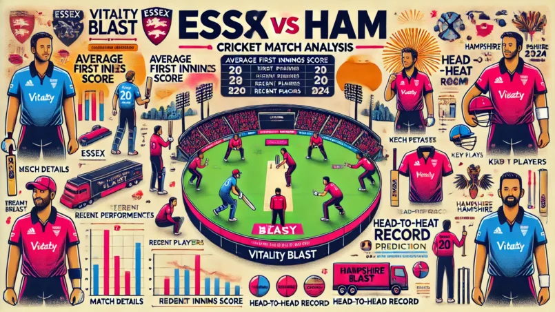 A detailed cricket match analysis infographic for the T20 Vitality Blast match between Essex (ESS) and Hampshire (HAM) on June 20, 2024, featuring match details, venue analysis, recent performances, key players, head-to-head record, strategic insights, and expert opinions with the keyword “ESS vs HAM Dream11 prediction” prominently displayed.