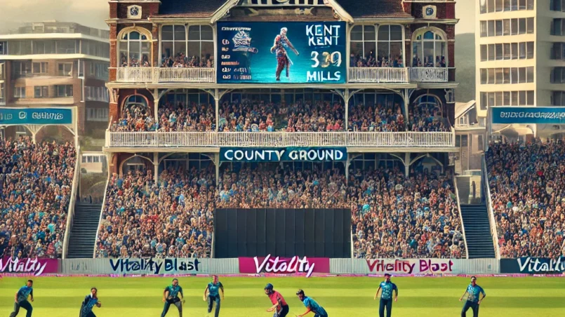 ntense T20 Vitality Blast match between Sussex and Kent at the County Ground, Hove, with players from both teams in action and a lively crowd supporting. Ideal for SUS vs KET Dream11 Prediction.