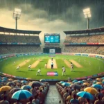 LSKT vs SRT Dream11 Prediction: Cricket match at Eden Gardens, Kolkata between LSKT and SRT on a rainy day with players on the field, fans in the stands with umbrellas, and the scoreboard displaying match details.