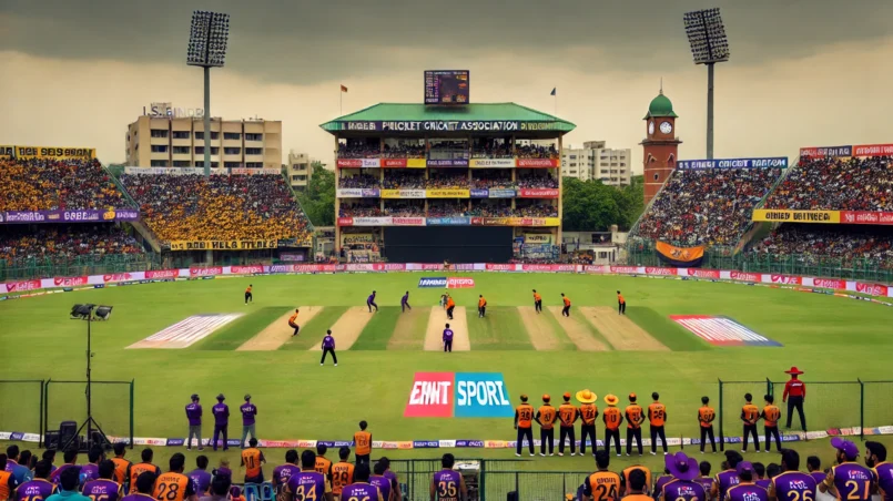 AKK vs SPS Dream11 Prediction: Cricket match at I.S. Bindra Punjab Cricket Association Stadium with enthusiastic crowd, SPS in purple jerseys, and AKK in orange jerseys under overcast skies