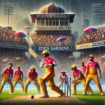 HD vs SSM Dream11 Prediction: A cricket match at Eden Gardens, Kolkata, with Sobisco Smashers Malda players in action under rainy weather.