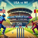 Illustration of the USA vs WI Dream11 Prediction for the T20 World Cup match at Kensington Oval, featuring key players from both teams in action and a vibrant stadium filled with cheering fans