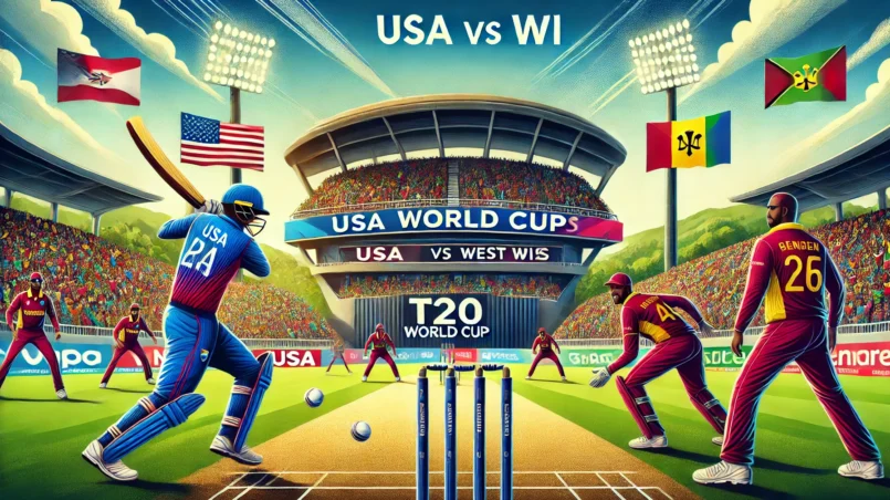 Illustration of the USA vs WI Dream11 Prediction for the T20 World Cup match at Kensington Oval, featuring key players from both teams in action and a vibrant stadium filled with cheering fans