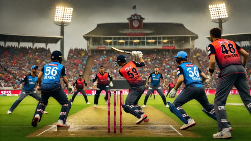 SES vs SV Dream11 Prediction: Thrilling T20 cricket match between SES and SV teams in rainy conditions, featuring intense action, key player battles, and a packed stadium.