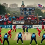 A thrilling cricket match between SPT and PRB at Scott Page Field, Vinor, Prague, with SPT leading the game on a rainy day.