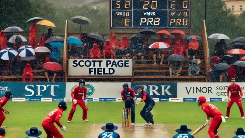 A thrilling cricket match between SPT and PRB at Scott Page Field, Vinor, Prague, with SPT leading the game on a rainy day.