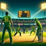 DDD vs ARC Dream11 Prediction: A dynamic cricket match scene at a bustling stadium with BRN in green uniforms showing confidence and control, while their opponents in yellow uniforms strategize intensely. The scoreboard indicates BRN having a slight edge.