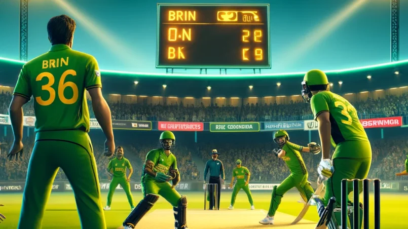 DDD vs ARC Dream11 Prediction: A dynamic cricket match scene at a bustling stadium with BRN in green uniforms showing confidence and control, while their opponents in yellow uniforms strategize intensely. The scoreboard indicates BRN having a slight edge.