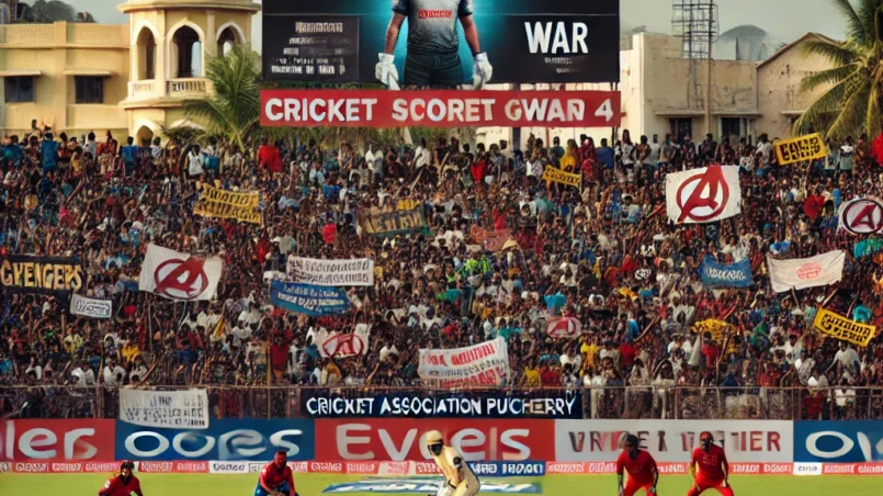 Alt text: AVE vs WAR Dream11 Prediction: A tense match between Avengers and Warriors at Cricket Association Puducherry Ground 4 with fans cheering and key players in action.