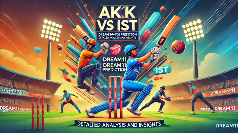 AKK vs IST Dream11 Prediction: Detailed Analysis and Insights - Vibrant cricket match image featuring players in action, bats, balls, stumps, and a cricket stadium background with scoreboard displaying 'AKK vs IST Dream11 Prediction'.