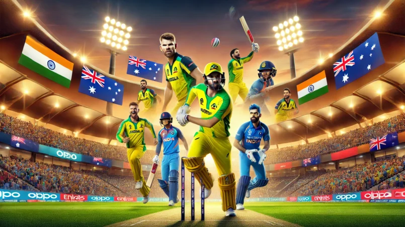 AUS vs IND Dream11 Prediction - Dynamic cricket match scene with key players David Warner, Virat Kohli, Hardik Pandya, and Marcus Stoinis in action at a packed stadium during the T20 World Cup.