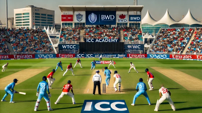 WTCC vs BWD cricket match at ICC Academy, Dubai with players in action, WTCC in blue and BWD in red, on a sunny day with a green, well-maintained pitch and enthusiastic fans in the stadium.