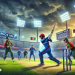 AFG vs BAN Dream11 prediction: Key players from Afghanistan and Bangladesh in action during a T20 World Cup match at Arnos Vale Ground, showcasing an intense cricket atmosphere with vibrant stadium and cheering fans.