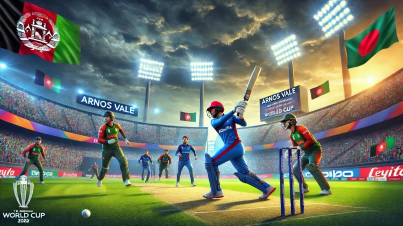 AFG vs BAN Dream11 prediction: Key players from Afghanistan and Bangladesh in action during a T20 World Cup match at Arnos Vale Ground, showcasing an intense cricket atmosphere with vibrant stadium and cheering fans.