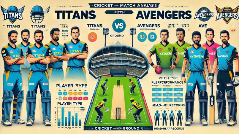 This image includes detailed player profiles, statistical graphs, match insights, and visual elements such as pitch type, player performance data, and head-to-head records. It is set against the backdrop of Cricket Association Puducherry Ground 4 with an audience, providing a professional and informative theme suitable for your sports blog post TIT vs AVE Dream11 Match Prediction: